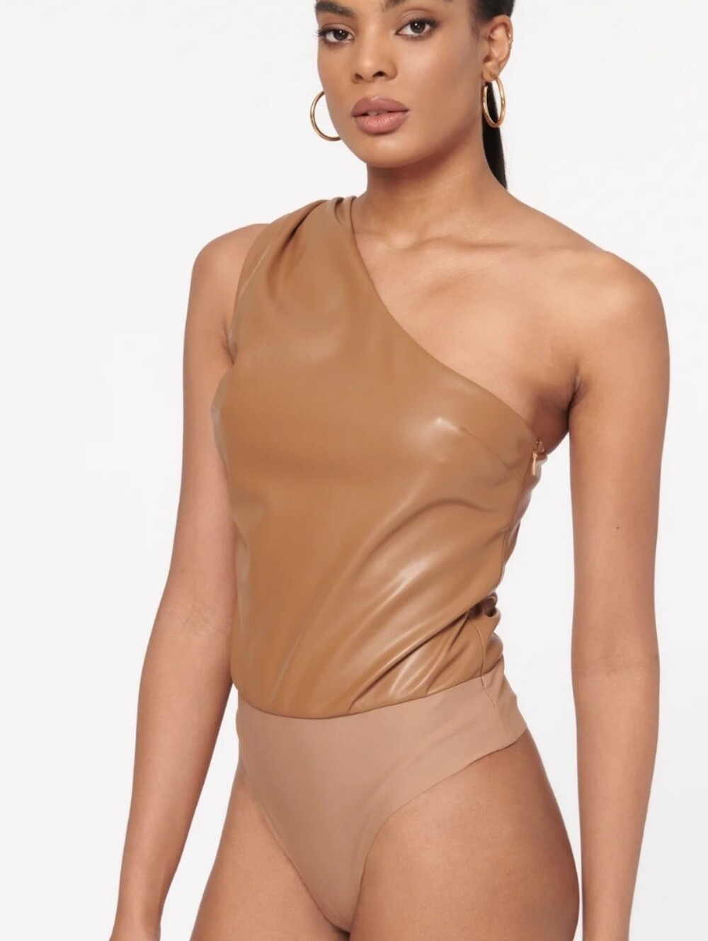 Cami NYC One-Shoulder Vegan Leather Camisole in Camel